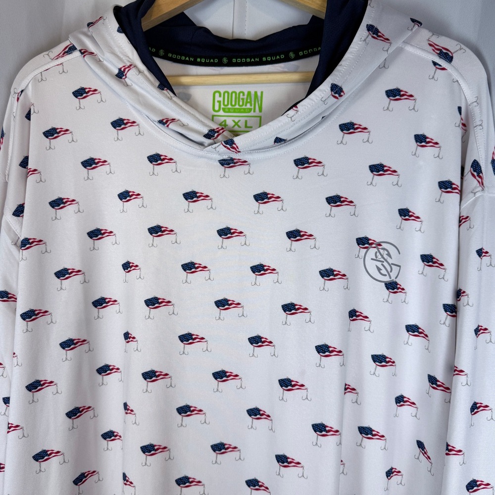 Googan Squad Mens 4XL White American Flag Fishing Lure Sun Hoodie Performance